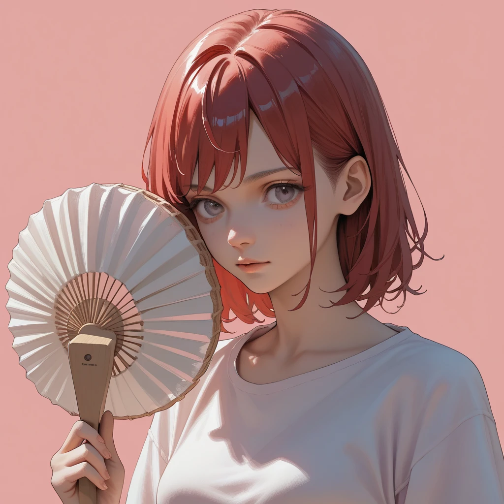 pink background girl with round fan red hair anime style illustration