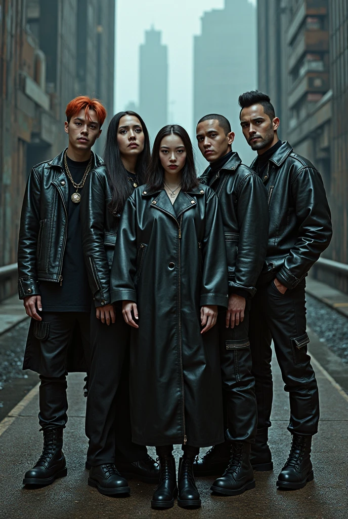 there are a group of people dressed in leathers posing for a picture, all black cyberpunk clothes, cyberpunk fashion clothing, cyberpunk techwear, in cyberpunk style, cyberpunk outfits, cyberpunk photo, gothic - cyberpunk, cyberpunk high fashion, cyberpunk horror style, cyberpunk fashion, cyberpunk fashion clothes, in cyber punk 2077, cyberpunk look, chthonic