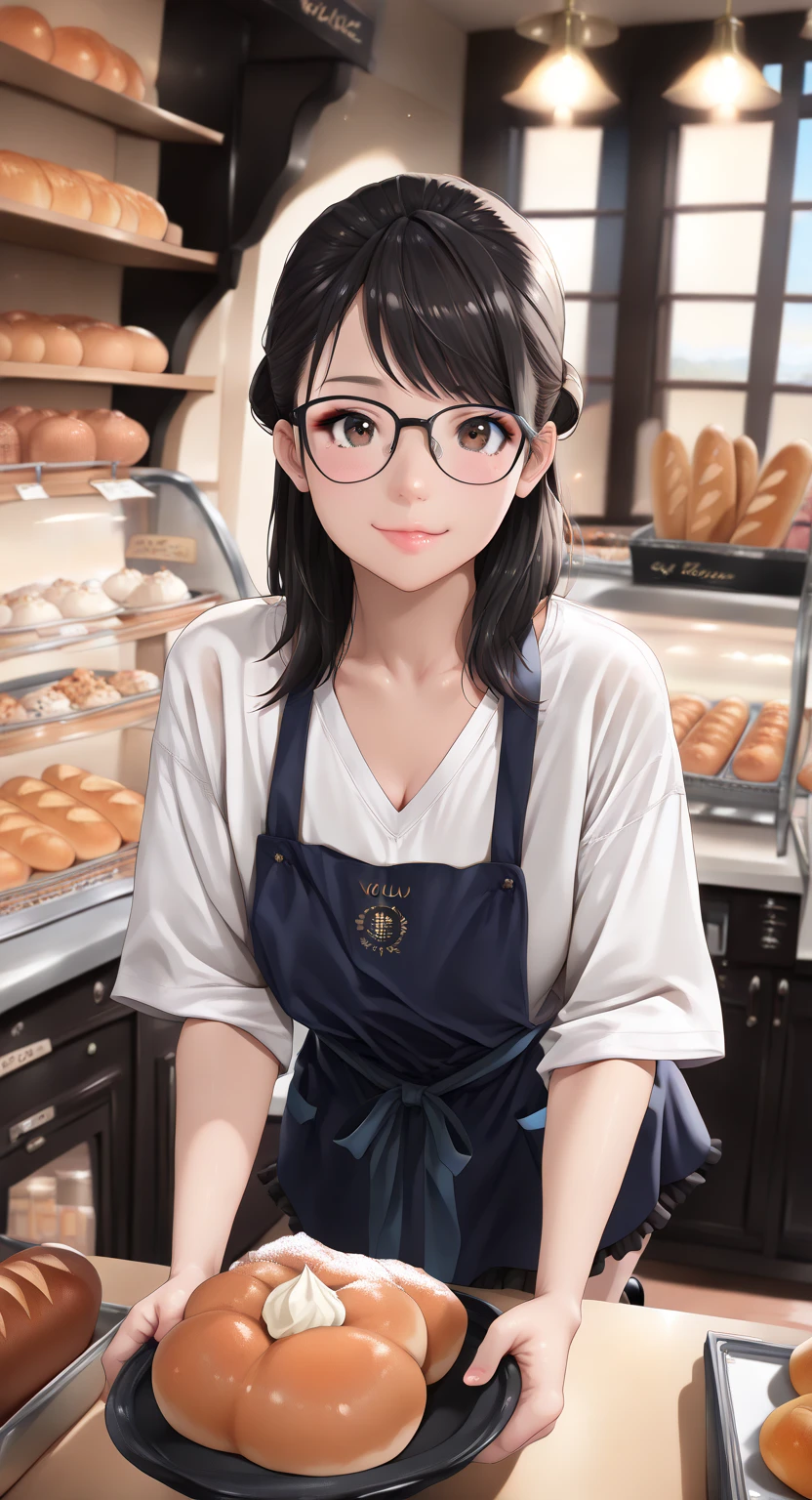 (Masterpiece, best quality, vibrant, high contrast, hyperrealistic, top quality, high sharpness, realistic, ultra realism, sharp, detailed clothes, highly detailed character, High Resolution, 16k, very detailed, Volumetric lighting, depth of field, cinematic, vibrant, dynamic lighting, dramatic light. Atmospheric effects. :1.3), 1girl, solo, 18 years old, ((Korean, Asian)), Pastry chef, adorable, (long black hair pulled back into a low bun and tied with a sky-blue thin ribbon, swept bangs, strands framing her face, a very messy but intentional style). expressive slanted brown eyes, bright smile, shortstack, (Young adult, cute, youthful), Background: Small family owned Pastry shop, family owned, pots and pans, baking ingredients, window view of Seoul street, baking utensils, ((wearing a short-sleeved white v-neck t-shirt, black modern Baji skirt, cute low-cut frilly sky-blue apron, Large black rimmed glasses, lip gloss, black eyeliner, black flat shoes)), Large-small perky breasts. Theme: A Young eighteen-year-old Korean girl starts her own pastry shop. Action: standing cute at the counter. kyomesug_yuu. thigh-length apron. cute pose while standing at the countertop, full pouty lips. bakery, indoors, shop, bread, baguette, window