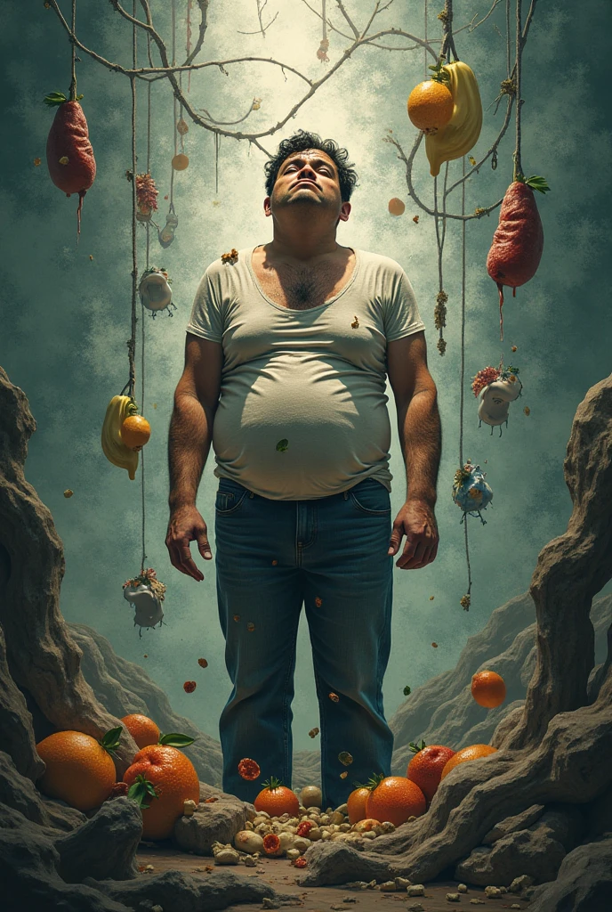 A white man with black hair , fatter, with an orange light coming out of his chest, surrounded by many dark and black clouds, with a gray skull flying near his head. a black root with two long branches and a small one on top of its head. coming out of the ground a gray zombie hand with long nails grabbing the man's leg