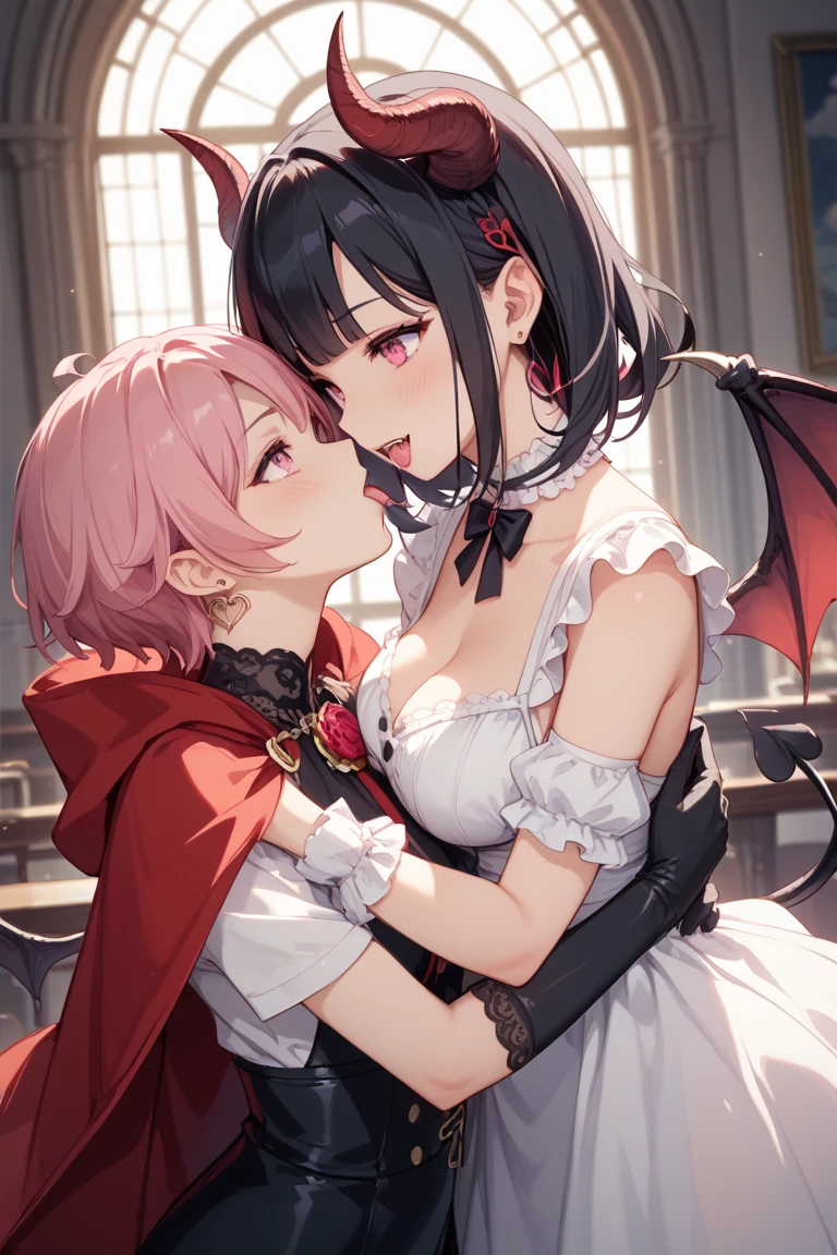 8K, femboy and girl, petit, teen, kawaii vampire, crimson hair, short hair, red eyes, bat wings, smile, (blush), (shy), fang, pointed ears, looking at viewer, dynamic angle, wind, game cg, fantastic scenery, demon tail, thin tail, black horns, medium breast, latex, kissing, sexy, dating, dungeons, summon, magic, bulge