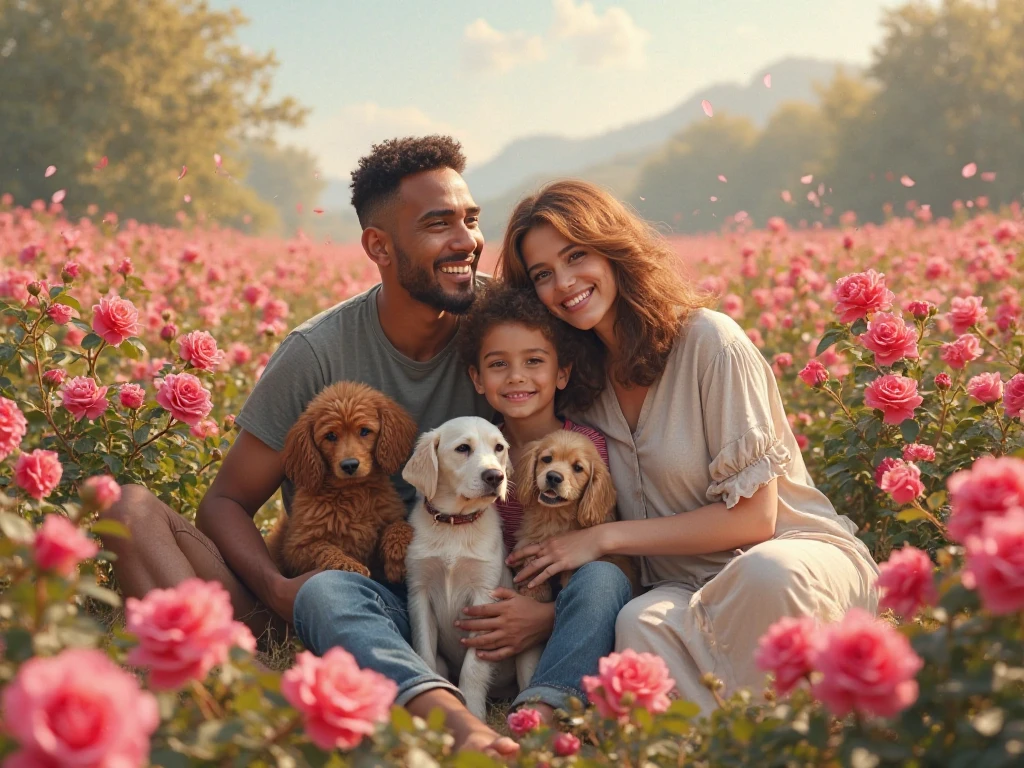 Make a picture of 4 people together as a family, the background is a field of roses and there are 3 dogs sitting with them.