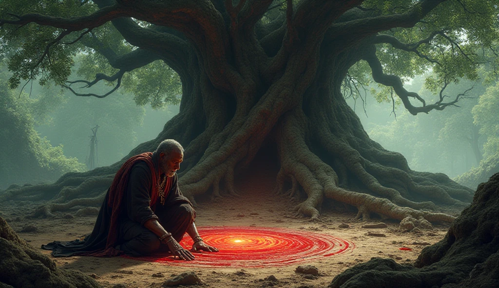 Images :

A large tamarind tree with giant roots

The sorcerer draws a red circle with goat blood

Souleymane trembles, Put one hand on the trunk

The shade of the tree extends and swallows the scene