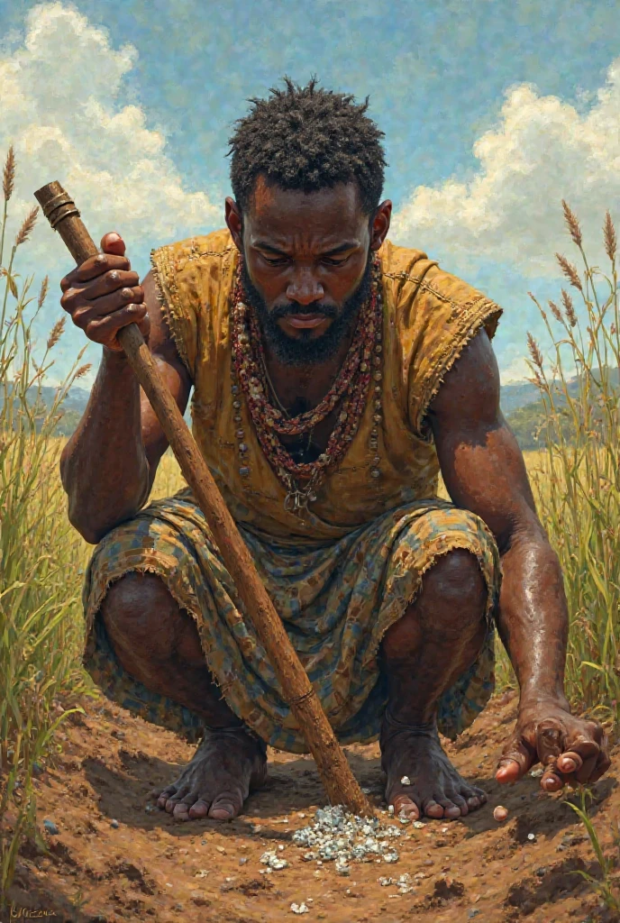Un jeune africain laboureur avec une daba sur les épaules avec des vêtements rapiécé étant accroupi et tenant une pierre précieuse en main.