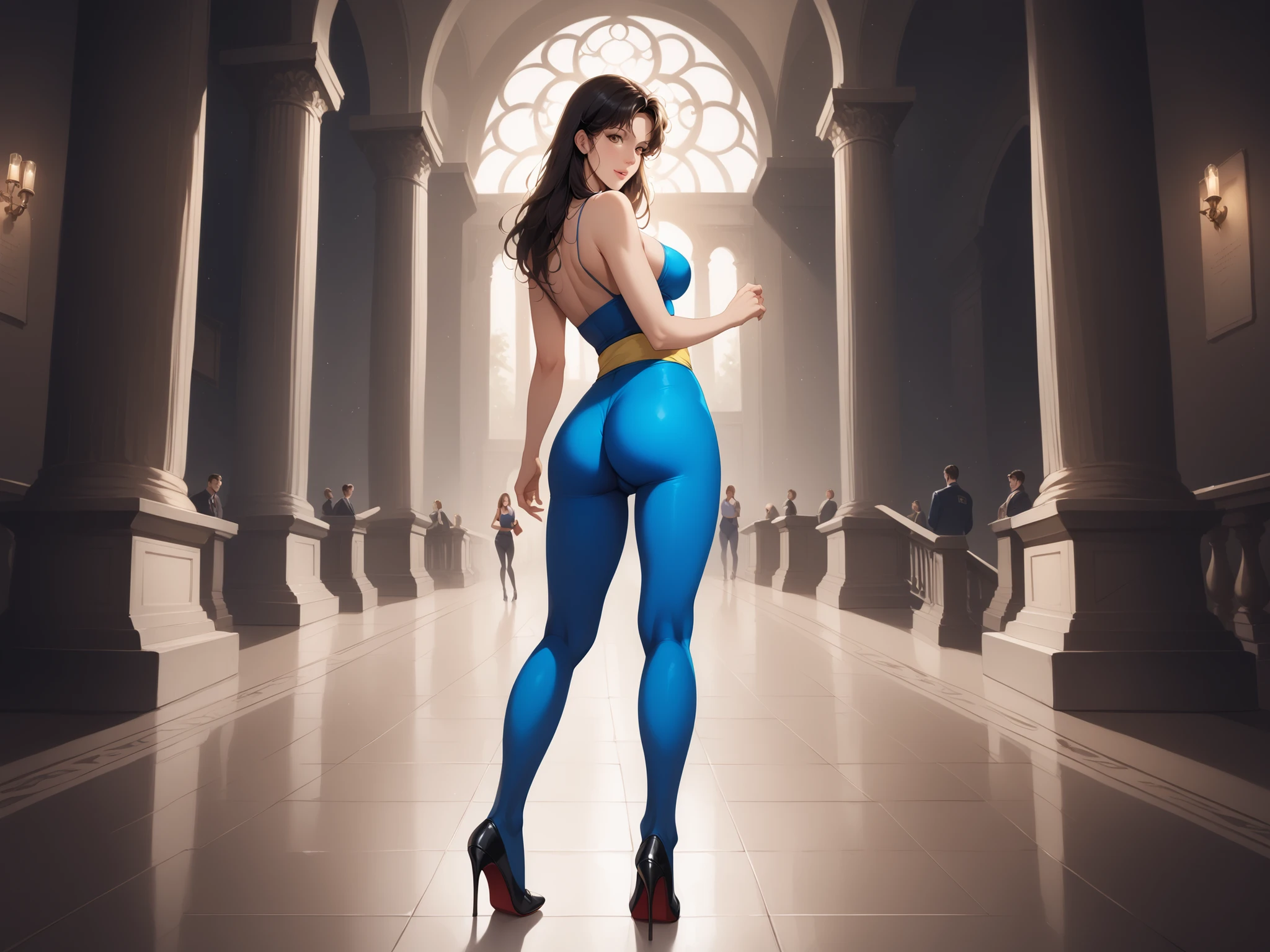 check_9, check_8_up, check_7_up, 32K,masterpiece, panties,
Photorealistic, bright colors, black and white game , cinematic lighting,
1 woman, inspired by Hitomi Kisugi's Cat Eye,,
long hair, black hair, chelka , pink lips, perfect eyes, brown eye,
,tight clothes, blue tights, blue top , tied in a knot, yellow belt , длинный yellow belt , chest, clavicle, blue women's shoes, high heels, neckline ,
alone in the museum, museums , There is no one in the museum, around a work of art, pictures, The Marble Statue ,
picturesque, beautiful , dark dim light, Night,
seductive pose, alert , looks back,