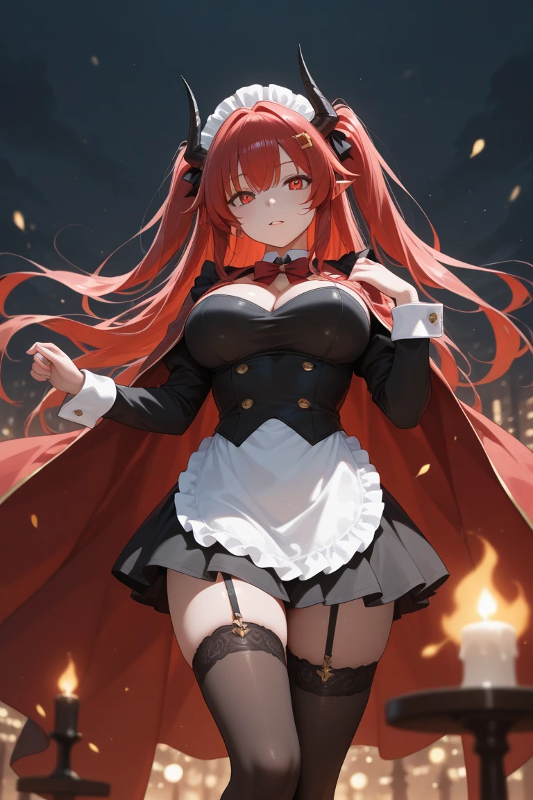 Realistic and detailed image of a zombie elf. Dressed in torn school uniform and ripped pleated mini skirt. Unusually shiny long silky scarlet red hair. Green eyes. She has earrings and long eyelashes. Has full lips. Large breasts, slim waist, very wide hips and thick thighs. Dark smile. Back arched. Dark mood. Foggy night, Halloween. crawling. Cemetery.