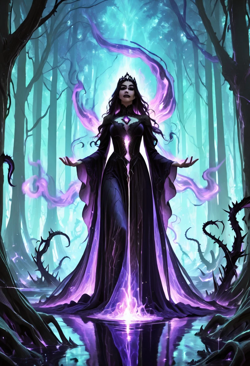 An abstract digital wave of an evil character takes form, a dark fairy tale figure with flowing raven hair that sways like shadows in the night. Dressed in a deep purple gown, it billows with the essence of dark magic, swirling in fantastical patterns that reflect the chaos of her sinister reign. A bewitched tiara, shimmering under the eerie luminescence of an enchanted forest, adorns her head, casting reflections that hint at her ominous power. The atmosphere thickens with a captivating yet menacing aura, while the ground below is a tapestry of twisted roots and sharp thorns, each curve and angle a testament to the dread woven into her story. This vibrant scene unfolds in abstract digital waves, where every flowing line narrates tales of dark escapades, beckoning the courageous to enter a realm where enchantment and peril are inextricably linked