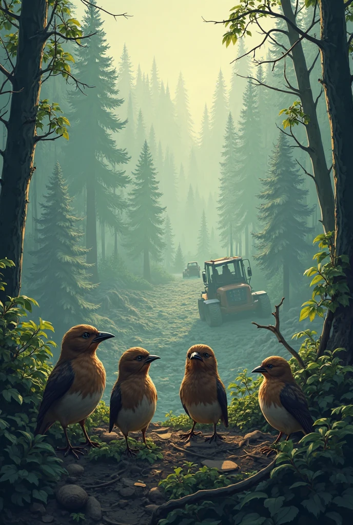Make an image of sad little birds watching an active and massive felling of trees in a forest in a general plan