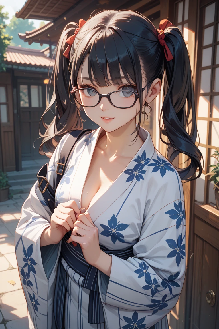 masterpiece,extremely delicate and perfect body,ultra beautiful face,details face,ultra high quality,extremely high resolution,(loli:1.4),(black long hair),(braid hair:1.3),glasses,,skinny,(middle breasts:1.2),(kimono,cleavage:1.6),(wariza:1.4),japanese room,(happy,smile)