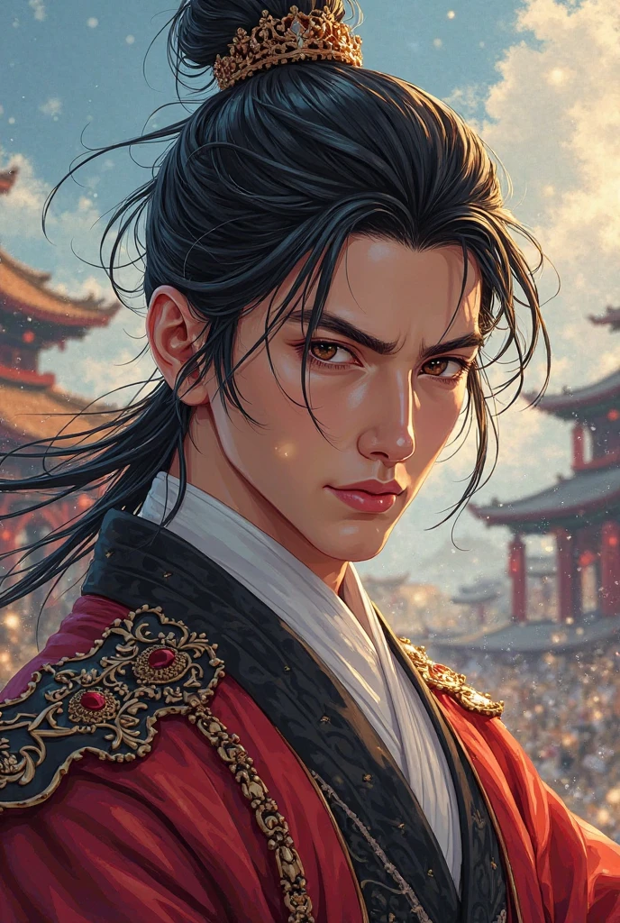 a 20-year-old young royal man,  red movie, with brown eyes, with a confident and challenging look. Manhwa style.