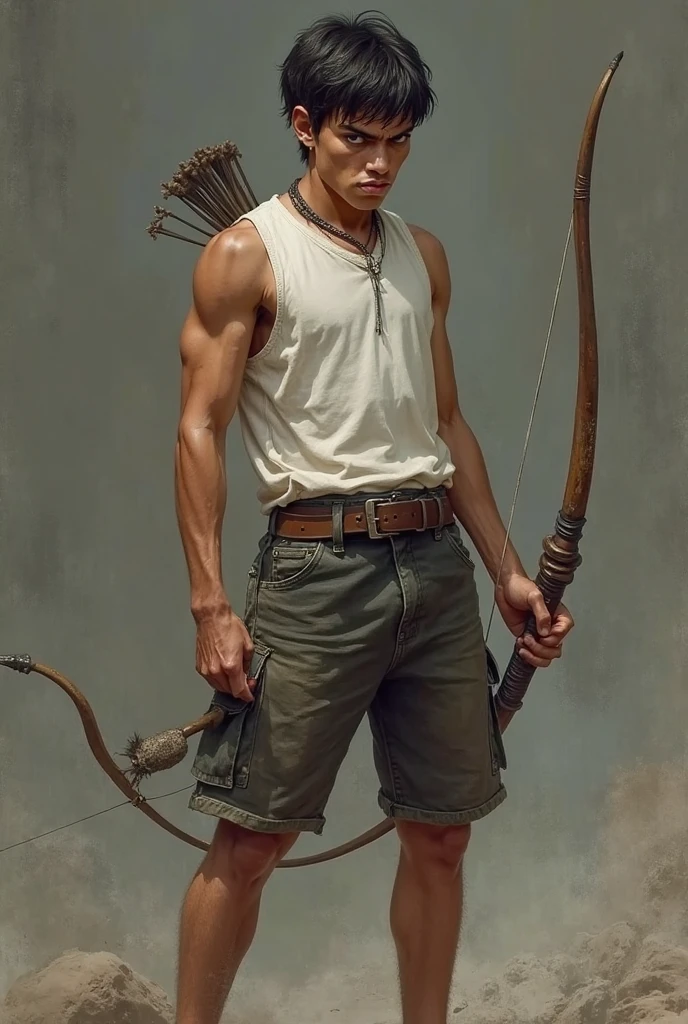 Create a drawing for an angry boy  holding a bow, wearing white sando and black short

