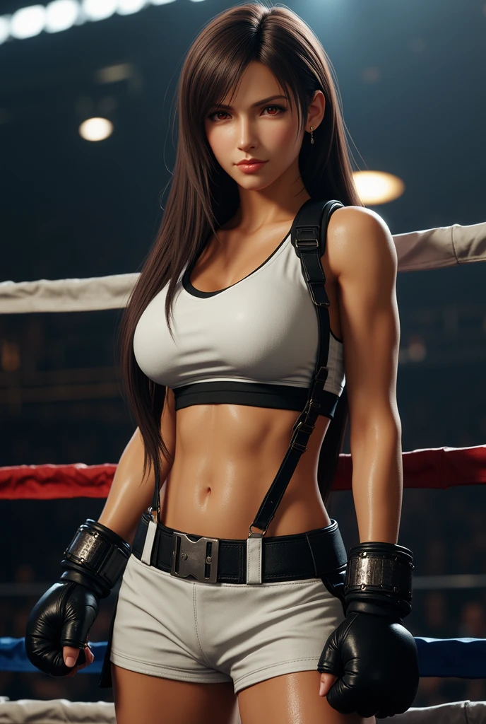 Women boxer, handsome face, sports bra, boxing gloves, toned, long black pants, boxing stance