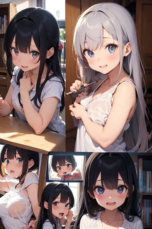 beautiful, masterpiece, Highest quality, anime, One girl,Portrait Shot, View your viewers, Covered、Short Hair、nearby、Blue Eyes、art、White hair,black streaked hair、Thighs、Braid、Bright、smile、Cleavage、 School swimsuit