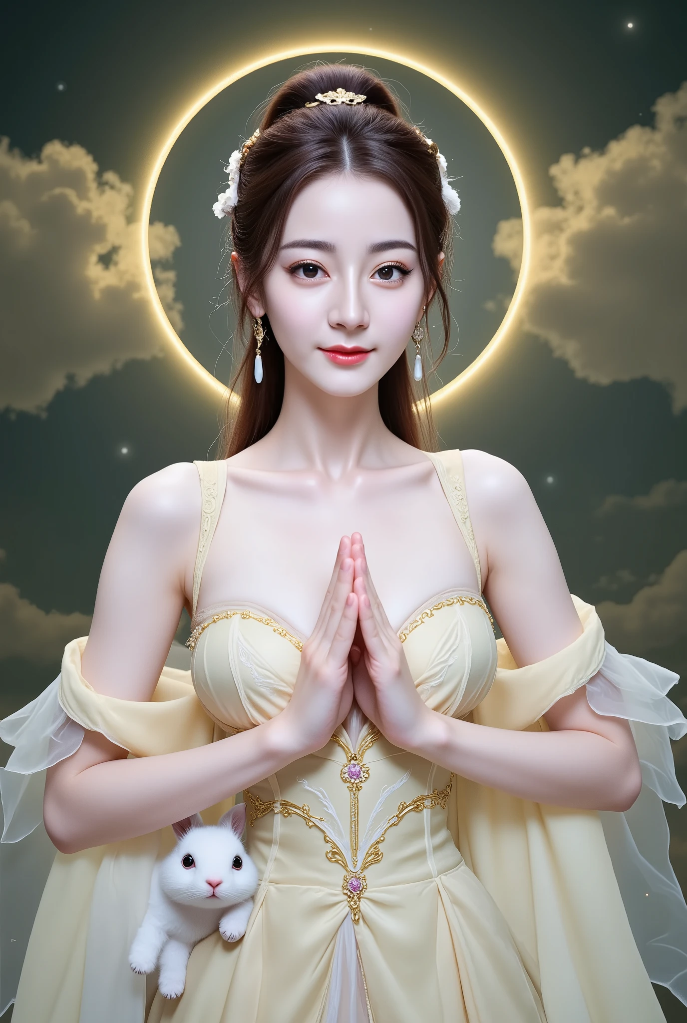 Chang'e, Chinese moon goddess in light yellow traditional dress standing gently on the golden cloud, night sky and full moon background, a cute white rabbit, glowing aura of compassion, traditional art with floral patterns and golden trim