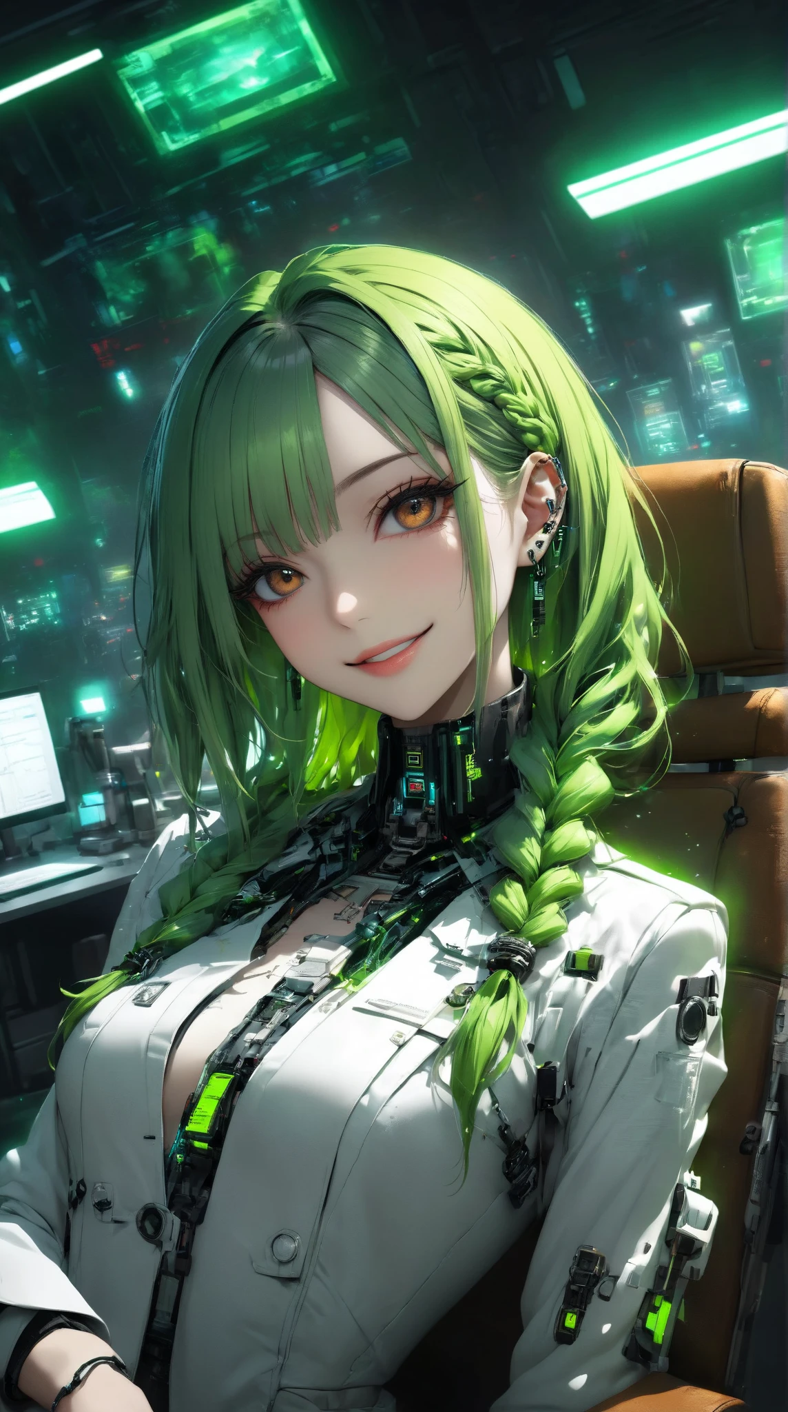 Super realism、hyper realstic 1girl.cyberpunk、
(Green hair color、brown eyes)side braids, smile、Loliface、small 、wear a white business suit setup with a cyberpunk gothic design、Slit skirt style、 Gothic Accessory、piercing、lip、operate in a late night office、chair in the left hand examination room(portrait angle)（piece with a smile）