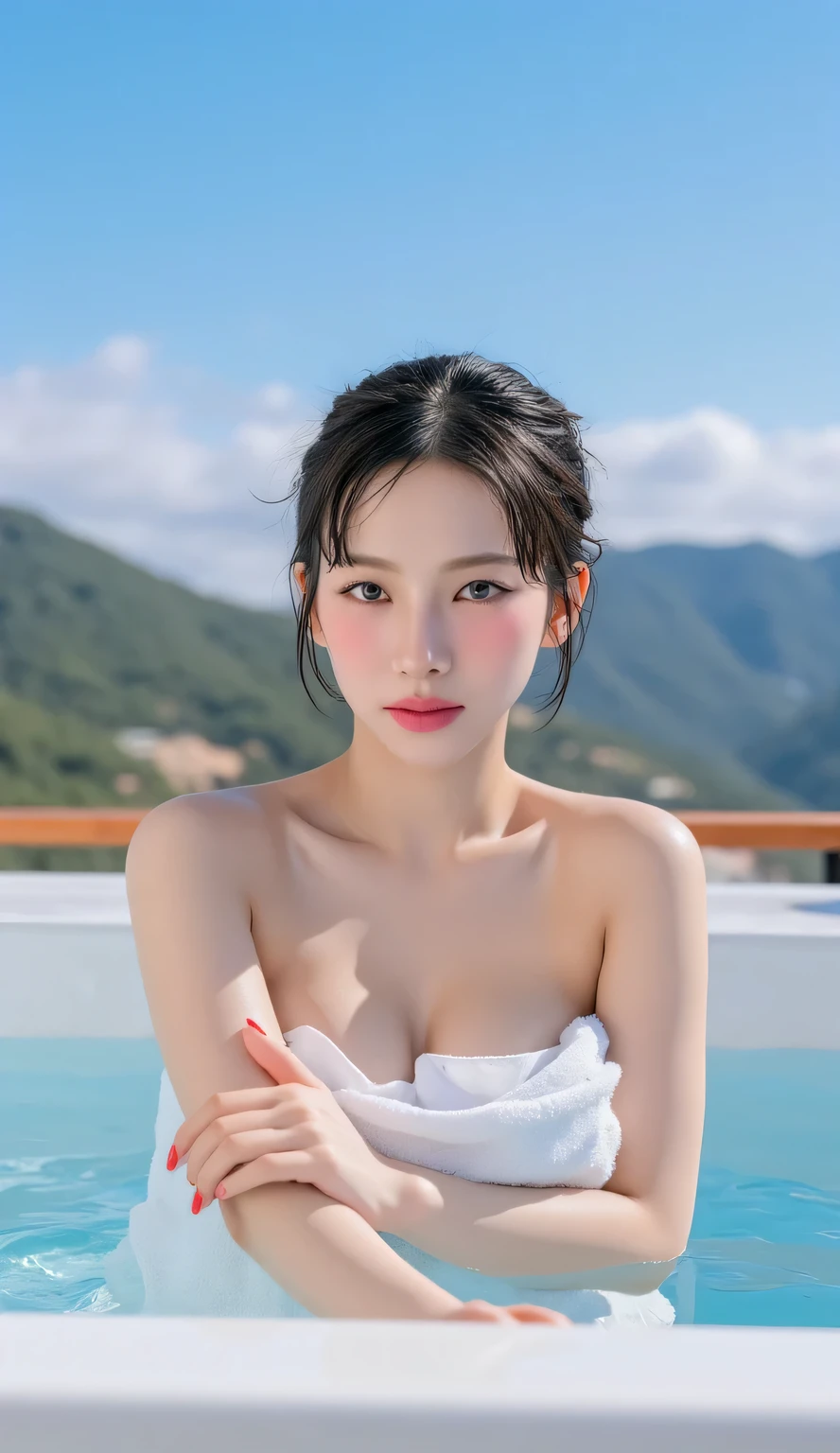 a woman, being in an outdoor hot tub, is soaking in a hot bath, body immersed in a hot bath, Mountain Look With Bright Blue Sky, shirt looks full body, body facing front, eyes looking at camera , wrapped in wet towel, big size G-cup, thick red lips, horny face, black hair,