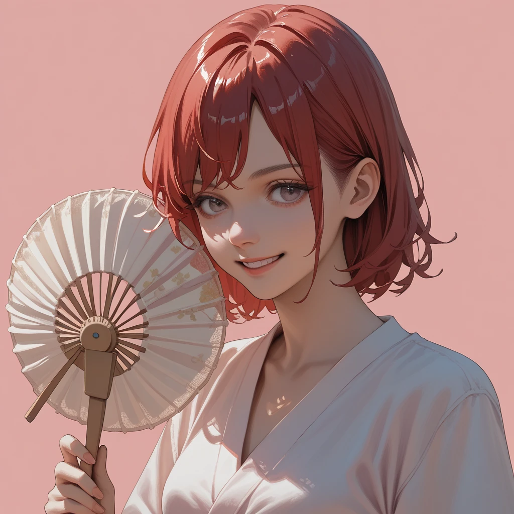 pink background girl with round fan red hair anime style illustration
Apply the second image to the smiling fan