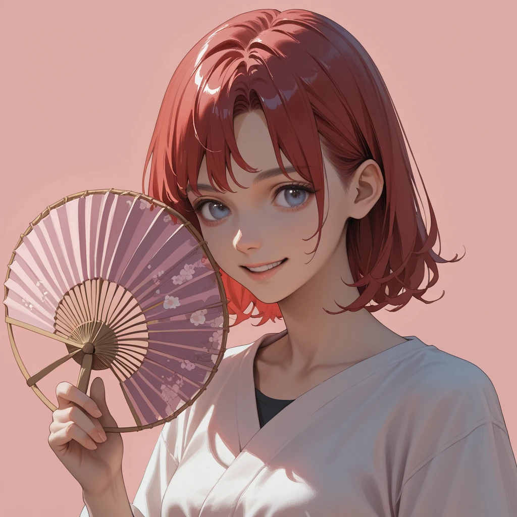 pink background girl with round fan red hair anime style illustration
