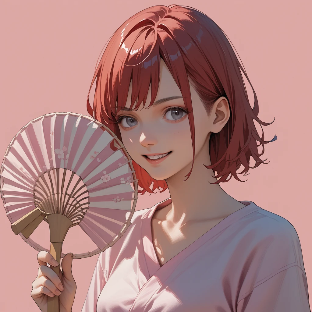 pink background girl with round fan red hair anime style illustration
Apply the second image to the smiling fan