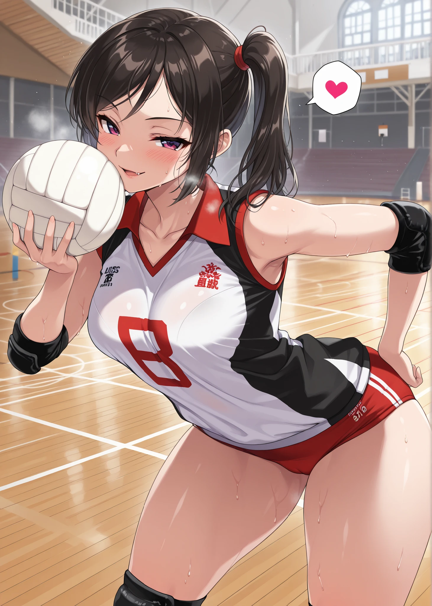 masterpiece, best quality, amazing quality, 1 girl, (young woman:1.4), (holding ball:1.4), (seductive pose:1.4), (sexy pose:1.4), thick thighs, Collared volleyball uniforms, buruma, volleyball knee pads, elbow sleeve, (old Full spherical 8.5" white volleyball ball:1.4), (white ball:1.4), (blush:1.4), camel toe, (chubby:0.8), curvy, (sweat, Covered in sweat, covered in perspiration:1,4), (deep breathing:1.2), spoken heart, perfect anatomy, in Uninhabited gymnasium, cowboy shot, detailed lips, soft focus background, smirk, (seductive smile, embarrassed expression:1.4), medium breasts, volleyball uniform, sportswear, elbow pads, elbow sleeve, knee pads, Buruma, mesugaki, smile, looking at viewer, hand to mouth, skin fang, bend forward, from below