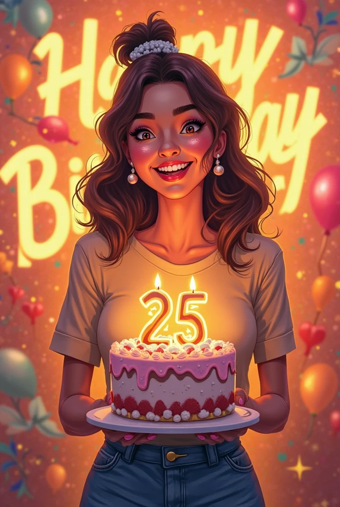 A big girl is sitting on number 21, She wears dress that covers her chest and legs hi Nick dress
،tha girl take Half of picture wearing a beautiful dress with a covered chest, balloons behind her, and in front of her a cake with Manar written on it, a 2D drawing with outline Cartoon drawing She wears a beautiful dress that covers her chest and legs