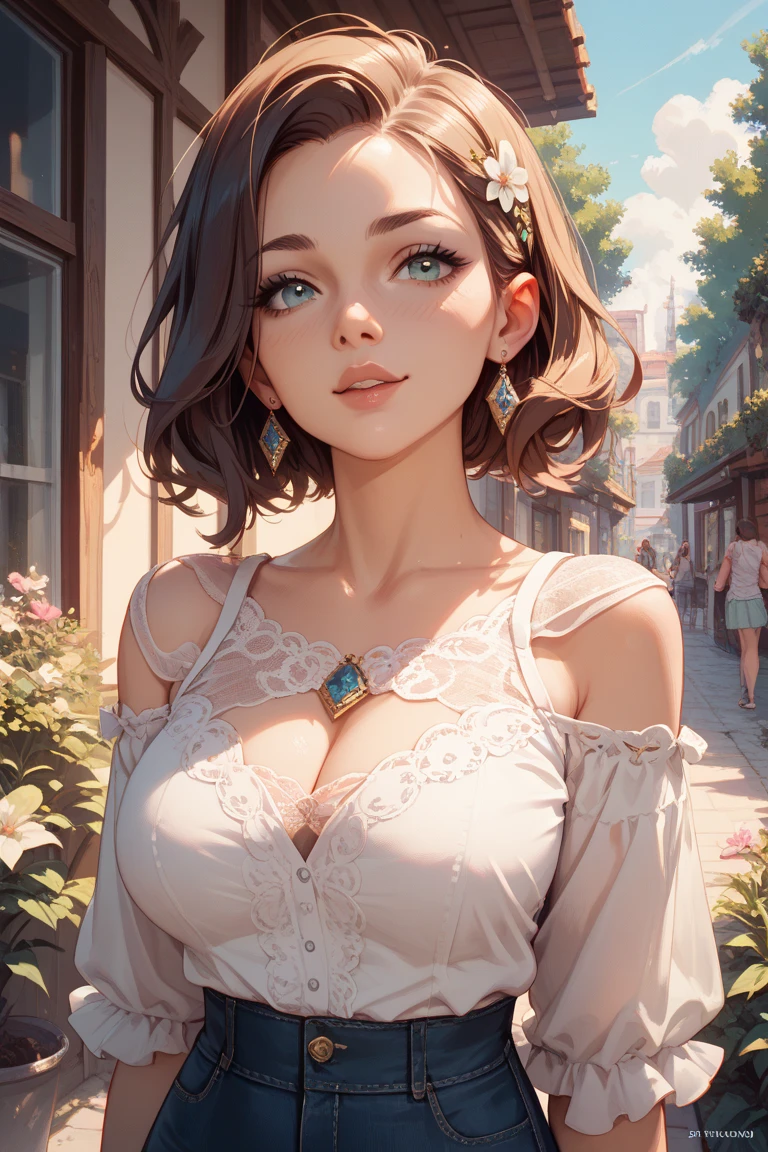 a woman, solo, upper body, (Random:1.3), short hair, auburn hair, grey-blue eyes, divine lips, modest breasts, corset, vibrant flower field in full bloom, (masterpiece, best quality, detailed:1.3), attractive