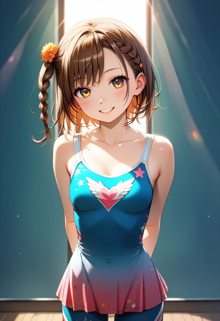 1girl,solo,cowboy shot,standing,(brown hair:1.2),short hair, braided bangs,one side up,(perfect anatomy:1.4),(arms_behind_back:1.6),(skate costume),small breasts,(beautiful breasts:1.2),(masterpiece,best quality:1.2),(Ultra high definition eyes:1.2),8k,(Beautiful detailed eyes:1.2),(Fine and beautiful eyes:1.2),(pretty eyes:1.2),finely detail,extremely CG, absurdres,high resolution,illustration,Detailed and beautiful outlines,finely detail,high resolution,(colorful refraction:1.4,Increase saturation:1.2),beautiful lighting,bright lighting,dynamic lighting,closed room,simple background, smile,looking at viewer,yuitsuka inori