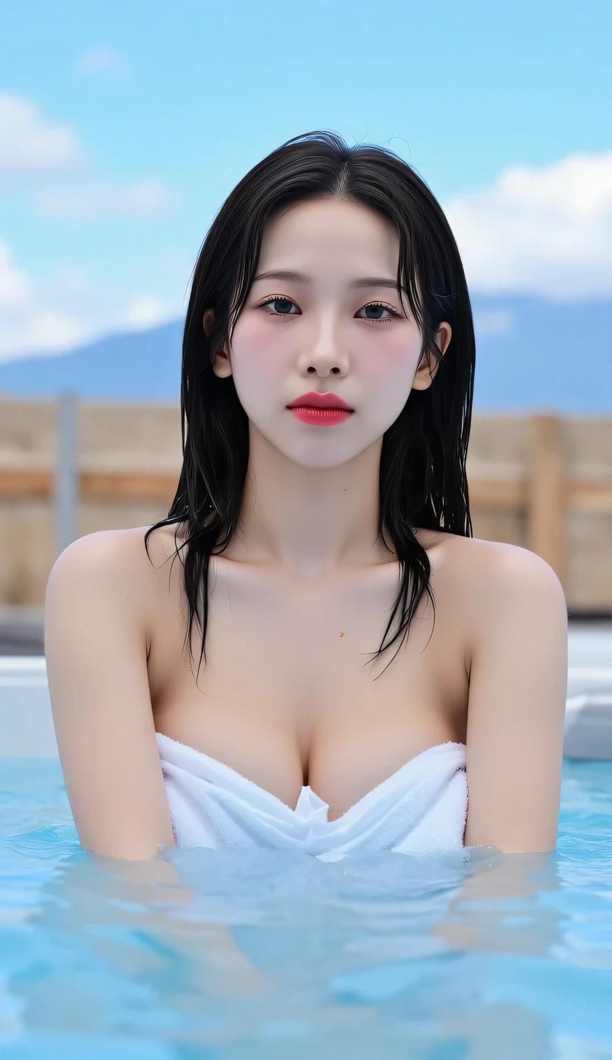 a woman, being in an outdoor hot tub, is soaking in a hot bath, body immersed in a hot bath, Mountain Look With Bright Blue Sky, shirt looks full body, body facing front, eyes looking at camera , wrapped in wet towel, big size G-cup, thick red lips, horny face, long black hair,