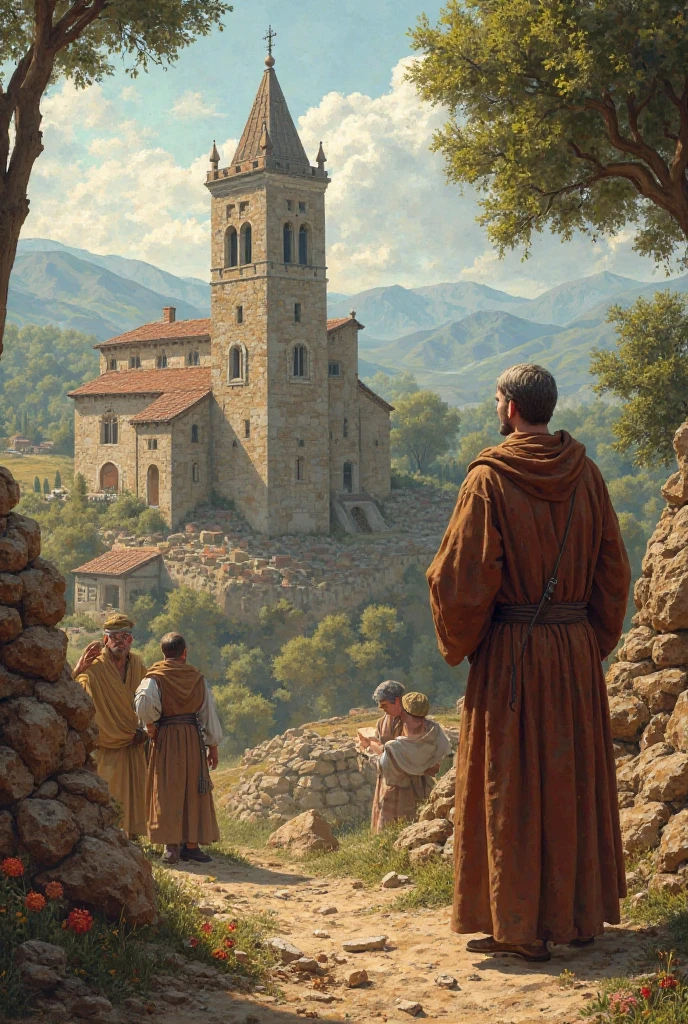 
Saint Francis building the church of San Damiano seen from a slightly distance 