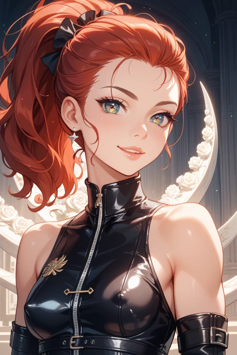 A young Japanese woman with a compact, impossibly slender frame (5-6 head-body ratio), featuring large, almond-shaped eyes with a fierce, teasing sparkle, a sharp, straight nose, full lips with a thick, passionate lower lip curled into a bold, provocative smirk, strikingly pale, almost ethereal white skin with a flawless, porcelain-like complexion, and a petite, slightly plump oval face radiating quirky charm, mischievous confidence, and an intensely daring allure, unmistakably evoking a famous Japanese idol known for her playful charisma and captivating presence. Her long, straight, dark brown hair is tied in a high ponytail with a slight bounce. She wears a tight black sports bra clinging to her tiny A-cup chest, with erect nipples faintly visible through the thin fabric, and a simple, patternless black low-rise panty hugging her razor-thin hips, with subtle wrinkles accentuating a contoured crotch crease. Her extraordinarily thin neck, arms, and waist are sharply toned with visible muscle striations, while her legs, particularly her thighs, are excruciatingly thin to a skeletal, emaciated extreme, with faint, wiry muscle lines barely visible beneath the taut skin, paired with glossy black leather ultra-short ankle boots featuring a chunky 8cm heel and an extremely short shaft (approximately 6-7cm in height), ensuring her slim ankles are fully and prominently exposed above the bootline. The glossy leather reflects light subtly, offering a modern, confident style inspired by a popular online retailer’s design (item ab-11129 reinterpreted for maximum ankle visibility).