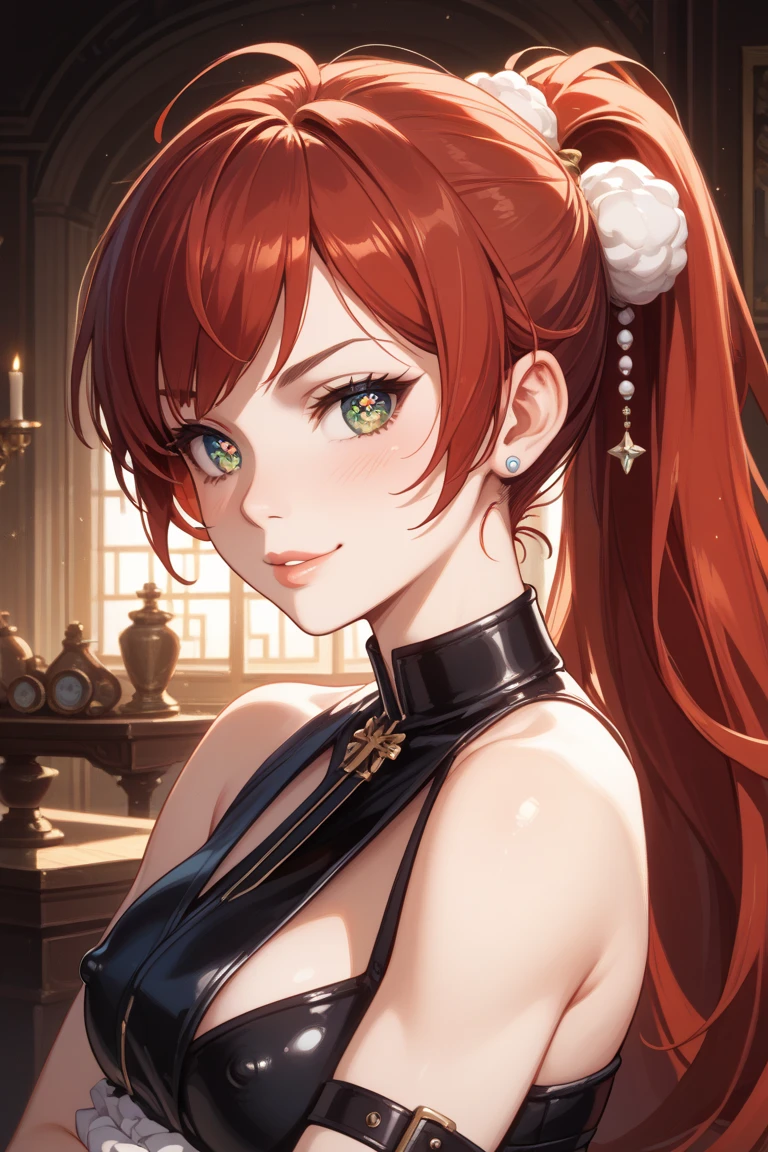 A young Japanese woman with a compact, impossibly slender frame (5-6 head-body ratio), featuring large, almond-shaped eyes with a fierce, teasing sparkle, a sharp, straight nose, full lips with a thick, passionate lower lip curled into a bold, provocative smirk, strikingly pale, almost ethereal white skin with a flawless, porcelain-like complexion, and a petite, slightly plump oval face radiating quirky charm, mischievous confidence, and an intensely daring allure, unmistakably evoking a famous Japanese idol known for her playful charisma and captivating presence. Her long, straight, dark brown hair is tied in a high ponytail with a slight bounce. She wears a tight black sports  clinging to her tiny A-cup chest, with   faintly visible through the thin fabric, and a simple, patternless black low-rise  hugging her razor-thin hips, with subtle wrinkles accentuating a contoured crotch crease. Her extraordinarily thin neck, arms, and waist are sharply toned with visible muscle striations, while her legs, particularly her thighs, are excruciatingly thin to a skeletal, emaciated extreme, with faint, wiry muscle lines  visible beneath the taut skin, paired with glossy black leather ultra-short ankle boots featuring a chunky 8cm heel and an extremely short shaft (approximately 6-7cm in height), ensuring her slim ankles are fully and prominently  above the bootline. The glossy leather reflects light subtly, offering a modern, confident style inspired by a popular online retailer’s design (item ab-11129 reinterpreted for maximum ankle visibility).