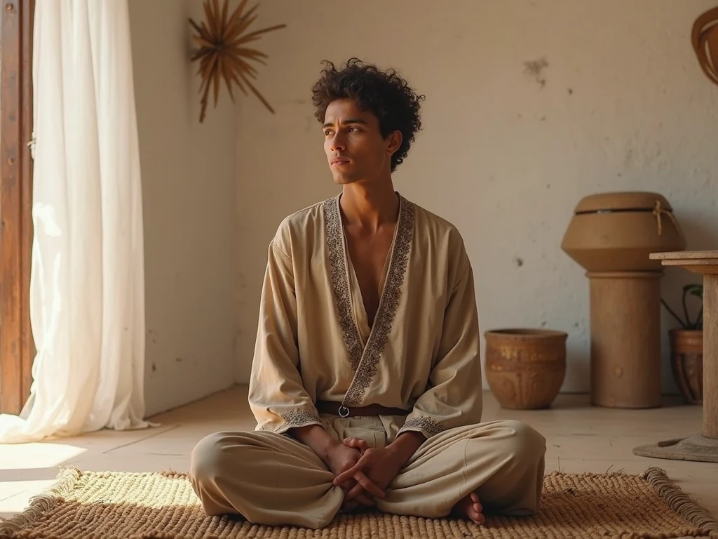 sexy man, Arab, in a moroccan room, with pillows, lamps, warm colors, at night