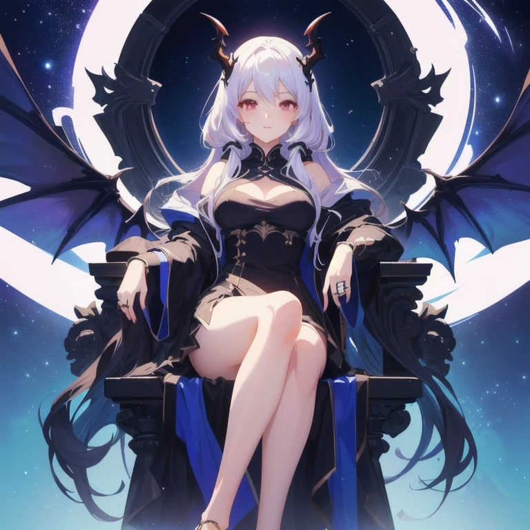 ((masterpiece)), ((Top image quality)), ((Hi-Res)), ((Ultra detailed CG unified 8k wallpaper)), 独奏, Low Angle Full Body Shot,(Bloody background)、silver castle、borgar、细致背景,遊戯王!,White hair、Woman in white robe, Seductive Anime Girl, perfect gray hair girl, ((best ratio four finger and one thumb))、(King's Chair)、Luxurious armrests、Delicate bloody throne、Bloody、Delicate black throne、Have a big weapon、Chest covered、white haired god, white hair, troll、(doyagao:1.5),Smirk,(grin),(full body Esbian),Naughty,with a big chest, legs crossed,Chic, (Bat Wings), (bright skin)、White-haired,erotick 、Big Red Moon、 beautiful alluring anime woman, White interior、stain glass、chandeliers、 ((extremely delicate and beautiful))