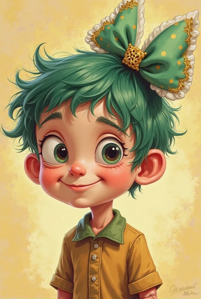 A boy with curly hair and a gentle face. Green hair and freckles on his cheeks. A little older.