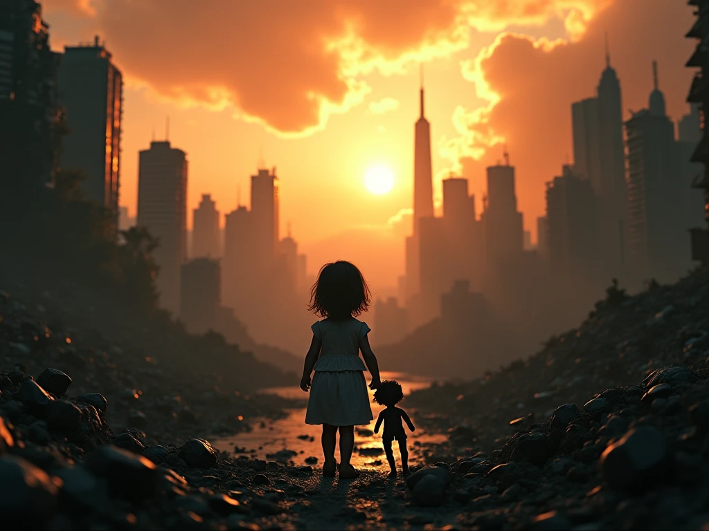 doomsday 
Back view of a three-year-old girl holding a doll
Standing on the edge and watching the collapse of the city