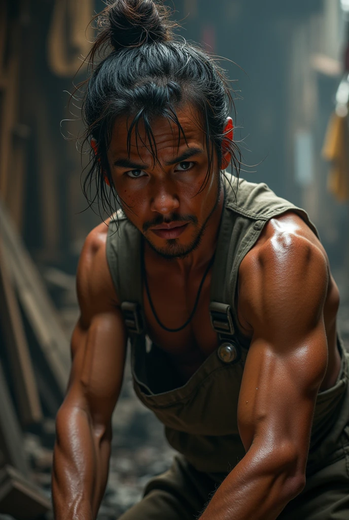 shirtless muscular man, sinks in a mud pit down to his shoulders, mud smudged on his toned chest and face to emphasize context of struggling to get out of the mud pit, determined face expression, 