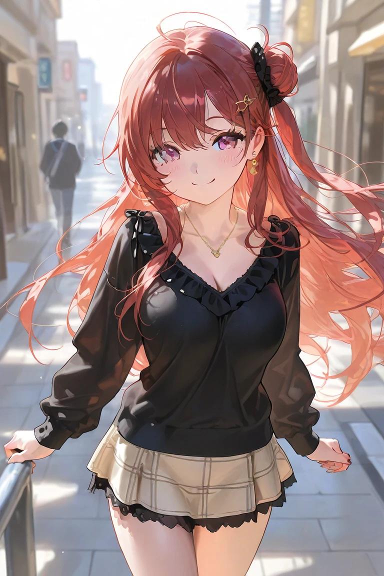 masterpiece, best quality, high detail, 1girl, beautiful woman, wavy hair, light brown hair, low ponytail, messy hair, hair ornament, large bust, red winter jacket, black maxi pencil skirt, long black skirt:1.3, boots, bracelet, collarbone, autumn, trees, leaves on ground, park, garden, stone, sidewalk, upper body, looking at viewer, light smile, atmospheric, moody