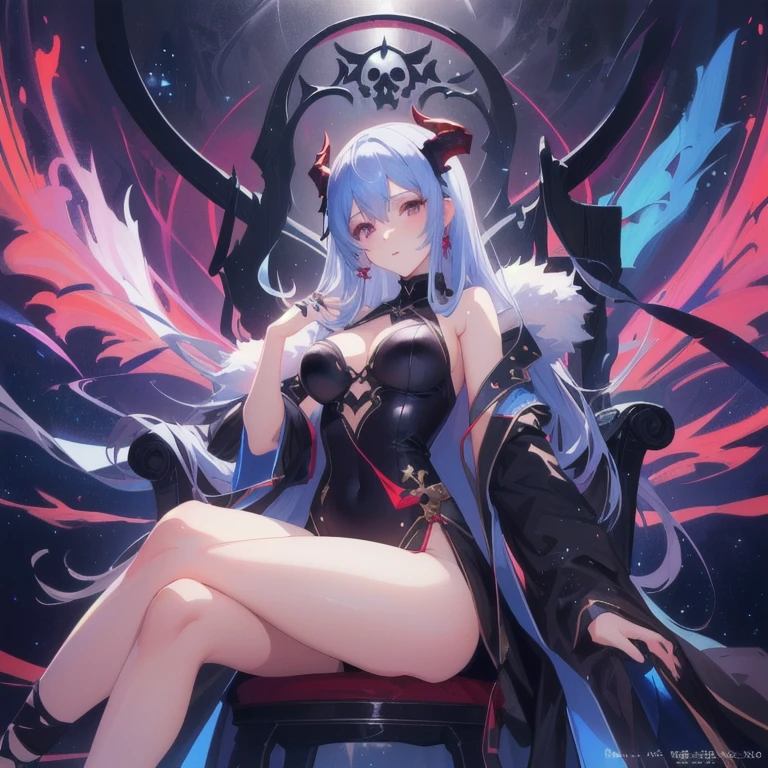 Anime style girl, dragon horns, long blue hair, red inner color, yellow and red odd eyes, large breasts, short stature, scaled body, sitting on a throne