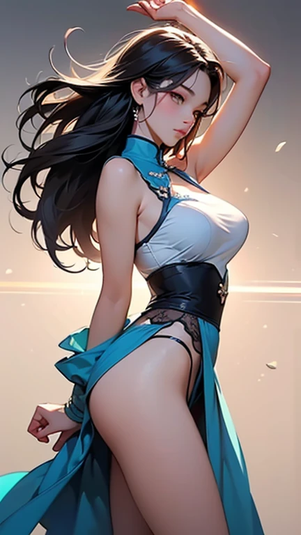Cheongsam Girl,Long Hair,Pure white background,Depth of written boundary,Low angle view,Calf Level View,Overclocked Renderer,Cinema Lighting,Ultra-fine,Very detailed,complicated,Cinematic Perspective,CG Art,Blue Chinese Dress,