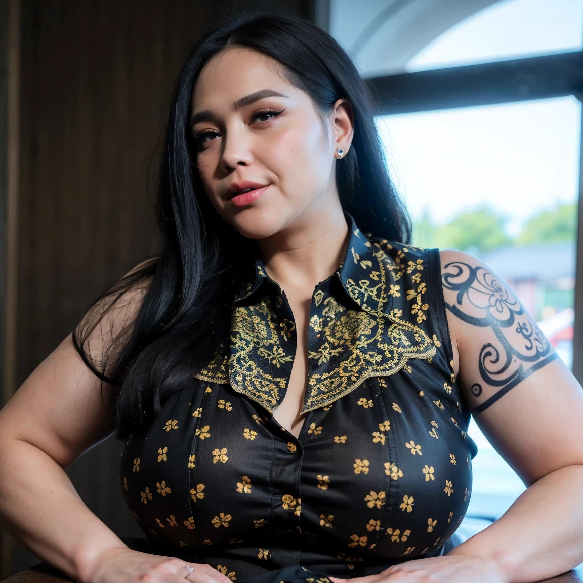 there is a woman sitting down with a longest brown hair, bbwchan, thicc, brown hijab outfit, brown hairstyle model, korean girl, korean woman, wearing brown robe, full length shot, alluring plus sized model, japanese goddess, clothed in hooded, voluptuous and arousing, portrait shot, curvy model, voluptuous body, wonderful, nene tanaka body , bbwchan, The overall atmosphere is smooth , haunting illustrations, extremely high-resolution details, photographic, realism pushed to extreme, fine texture, 4k, ultra-detailed, high quality, high contrast, red sneakers , cold atmosphere ,, cold atmosphere ,, ((Detailed texture of tattooed skin)), tattoo round breasts, irezumi tattoo style, tattoo on breasts, tttattoo, showing her thigh , tattoo on thigh, a close up of a woman with tattoos on her body, inked, tattooed body, fully tattooed body, tattooed, full-body tattoos, full - body tattoos, , full body tattoo, with tattoos, , tattoos, tattoos all over the skin, tattoos and piercings, ((Neka: 0.45)) LoRA, {{Big brother's tattooed woman Iremuzi tattoo style v1.0: 0.91}},, ((BohoAI v1.0 : 0.45))