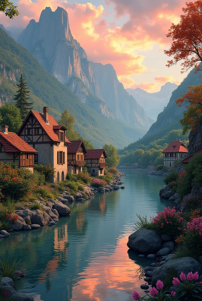 a small village by the river, mountains in the background, floral flowers colorful, detailed landscape, Beautiful natural landscapes, atmospheric lighting, scorching sunset, warm colours, practical, photopractical, Detailed Foliage, complex buildings, cobblestone street, Charming country house, swirly vibrant colors, lush vegetation, Still water reflections, Picturesque, idyllic, work of art, best qualityer, 8k, extremely detaild,anime styling