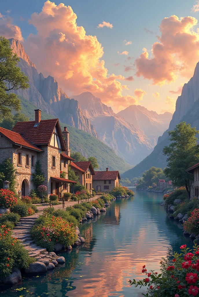 a small village by the river, mountains in the background, floral flowers colorful, detailed landscape, Beautiful natural landscapes, atmospheric lighting, scorching sunset, warm colours, practical, photopractical, Detailed Foliage, complex buildings, cobblestone street, Charming country house, swirly vibrant colors, lush vegetation, Still water reflections, Picturesque, idyllic, work of art, best qualityer, 8k, extremely detaild,anime styling
