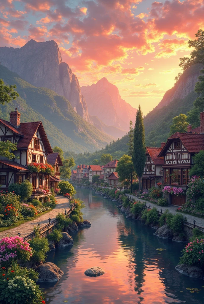 a small village by the river, mountains in the background, floral flowers colorful, detailed landscape, Beautiful natural landscapes, atmospheric lighting, scorching sunset, warm colours, practical, photopractical, Detailed Foliage, complex buildings, cobblestone street, Charming country house, swirly vibrant colors, lush vegetation, Still water reflections, Picturesque, idyllic, work of art, best qualityer, 8k, extremely detaild,anime styling