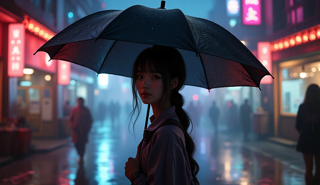 Create a picture of a beautiful Asian girl dressed casually spreading a black umbrella, walking on the street at night, rain, neon light, super realistic look