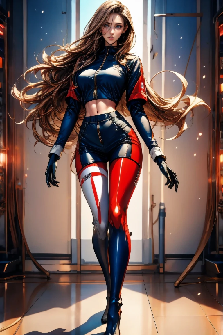 A full-body, ultra-detailed semi-realistic digital painting of a mature Polish woman in her early 40s, with a tall, toned, graceful figure that reflects classic Central European elegance. Her proportions follow a 10-heads-tall fashion model silhouette, with a modestly full bust, narrow waist, and long, shapely legs. Her posture is upright and relaxed, with a soft hip tilt that exudes calm confidence. Her skin is fair with a soft white tone and cool undertone, glowing naturally.
Her facial features are sharply defined—high cheekbones, a long straight nose, and a V-shaped jawline. Her eyes are almond-shaped, elongated, and slightly upturned at the outer corners, creating a cool, fox-like gaze beneath delicately arched brows. Her lips are medium-thin with a well-shaped Cupid’s bow, shaded in muted rose. Her makeup is clean and cool-toned: sculpted taupe eyeshadow, soft smoky shading below the eyes, and highlight accents to enhance her bone structure.

She wears a sleek race queen outfit inspired by the Polish national colors: a red and white zip-up crop top with silver trim and subtle structure, paired with an ultra-short asymmetrical skirt featuring red and white blocks and integrated black sponsor logos. Thigh-high white boots with red stripe accents and fitted red fingerless gloves complete her athletic, aerodynamic look. The suit reflects ambient light with a smooth, synthetic sheen and patriotic tone.

Her long blonde hair is sleek and waist-length, center-parted and naturally styled, flowing cleanly down her back without bangs or accessories.
She stands at a modern Polish racetrack with crisp architectural lines, national flags in soft focus, and cinematic cool lighting that highlights her confident, modern silhouette.
Masterpiece, best quality, semi-realistic, 8K resolution, cinematic lighting, hyperrealistic portrait, finely detailed, detailed eyes, soft fabric texture, cyber-race queen aesthetic.