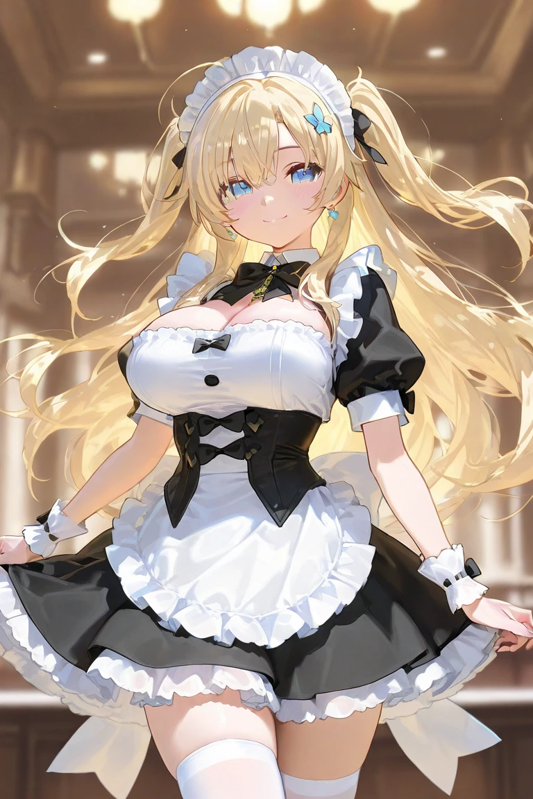 Coconut 1 girl with long blonde hair, light ton skin, heterochromia amber and blue eyes,maid uniform, big breasts, golden bell on neck, mesh stockings , smiling, cafe on background, cat tail, cat ears, hands behind back,