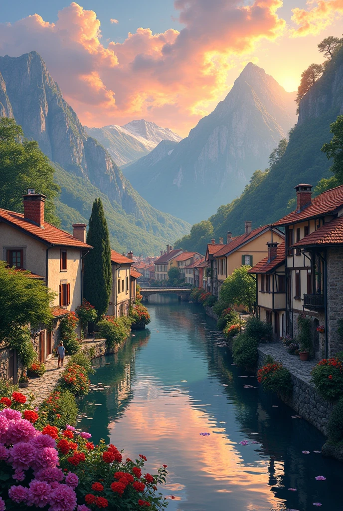 A small town by the river, mountains in the background, colorful floral flowers, detailed landscape, beautiful natural landscapes, atmospheric lighting, scorching sunset, warm colors, practical, photographic, detailed foliage, complex buildings, cobblestone street, charming country house, vibrant colors, lush vegetation, reflections in the water,  picturesque, idyllic, artwork, photos, 8K, penstilo, anime style