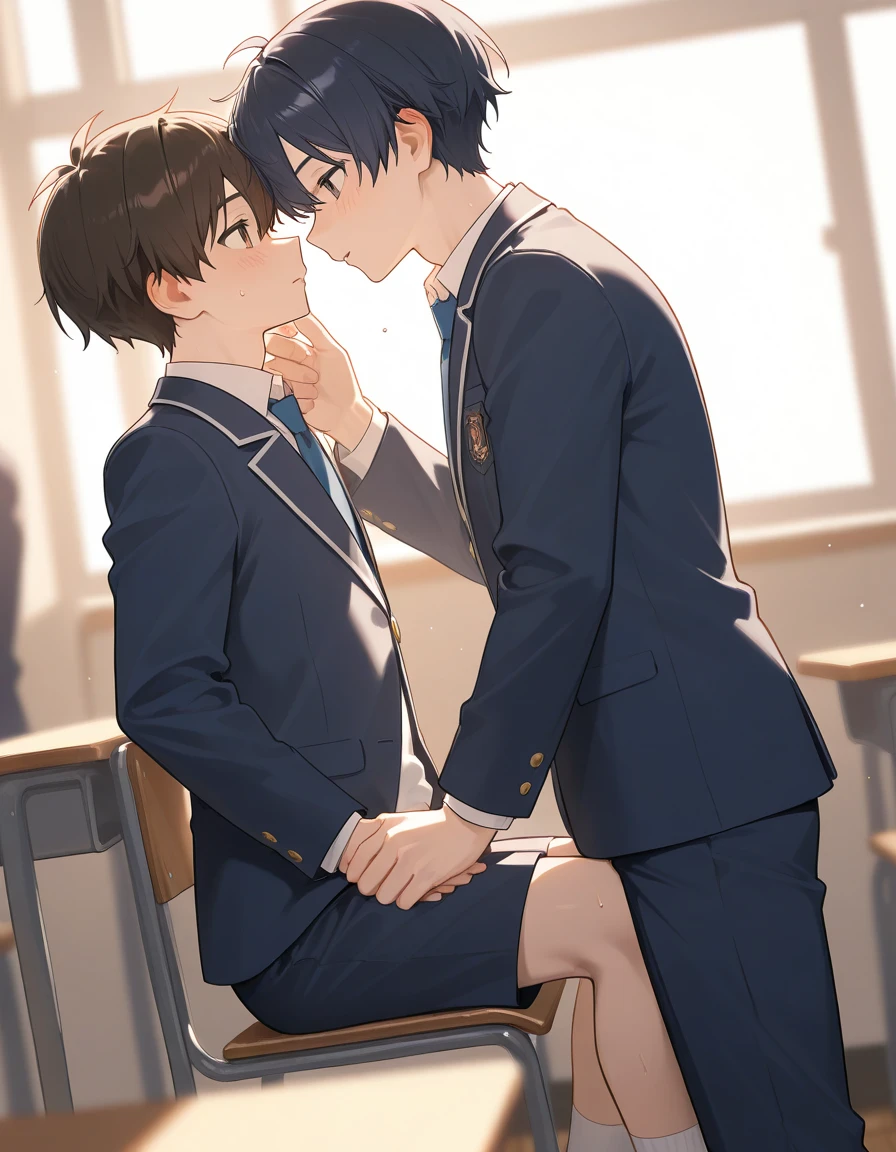 Indian gay couple kissing in school, wearing shorts socks with short sleeves shirt