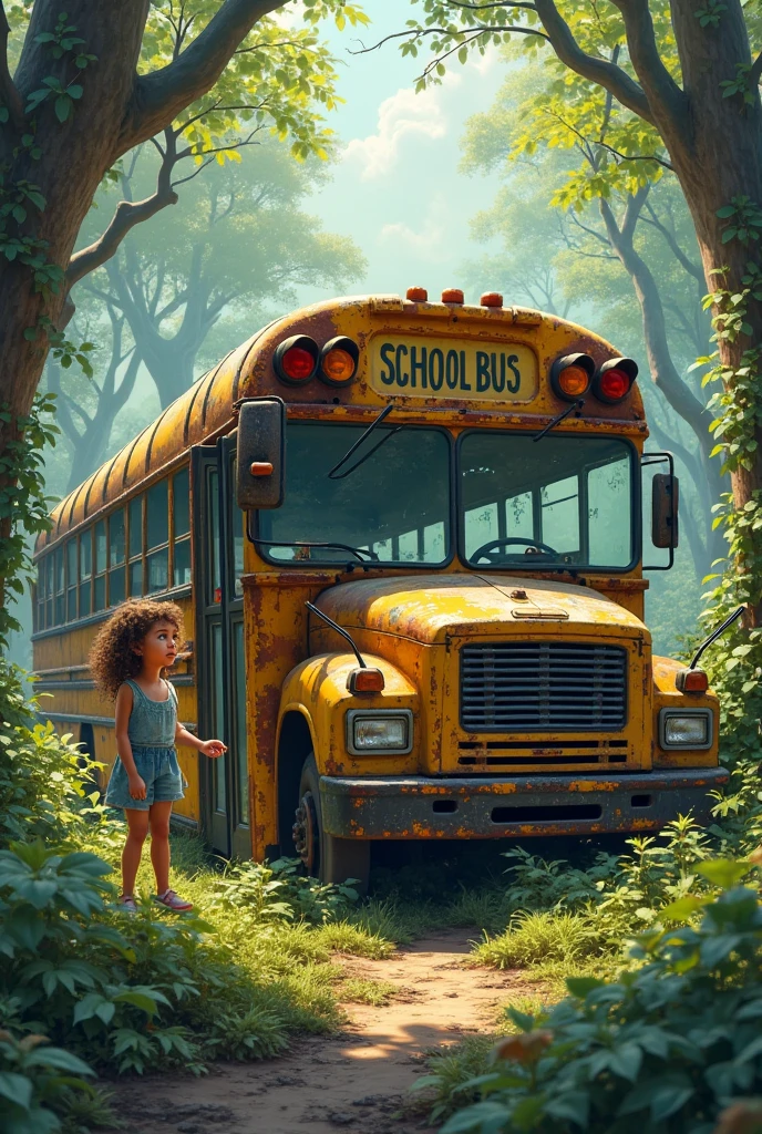 (photorealism:1.2) an old rusted abandoned bus in the forest and two ren playing around it