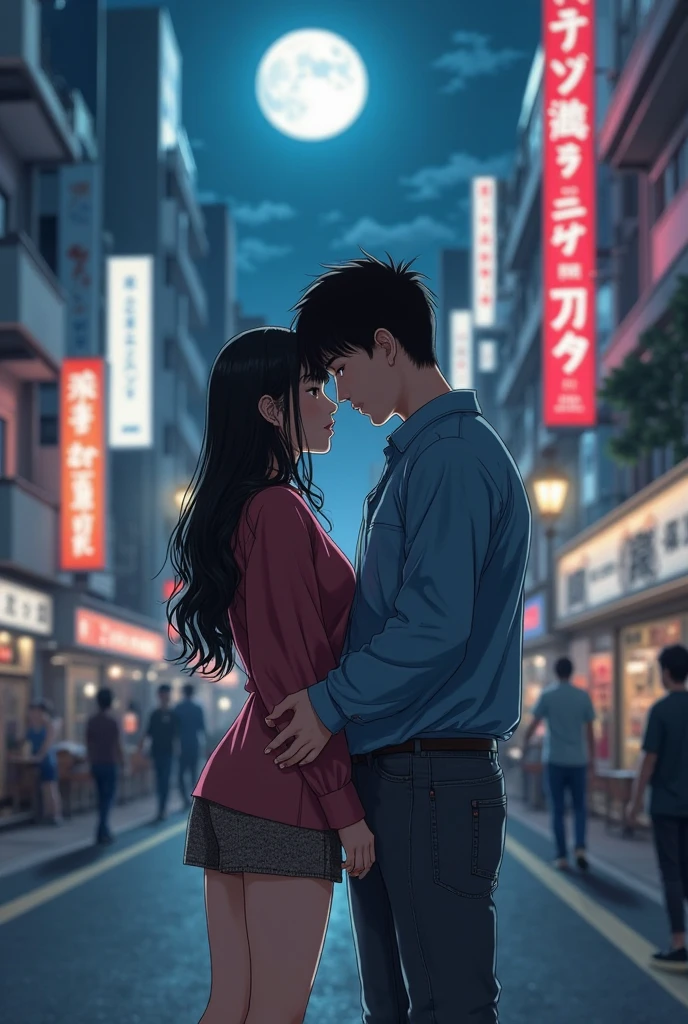Girl in the middle of Tokyo with long black hair and pobocative clothing on her back embracing a young man slightly taller than her with a shirt and long jeans and black hair with a Puerto Rican style fade, both combined in the color of clothes under the moon and that the young man has his hand on the girl's ???????? 
